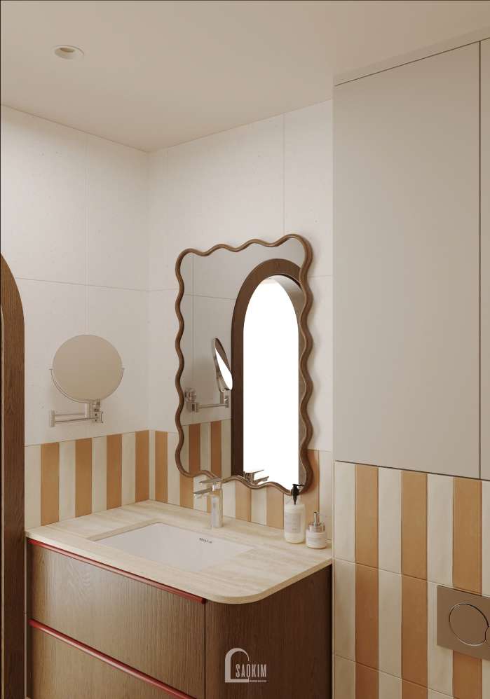 Phòng tắm WC mang vẻ đẹp mộc mạc trong thiết kế nhà phố Long Biên.
